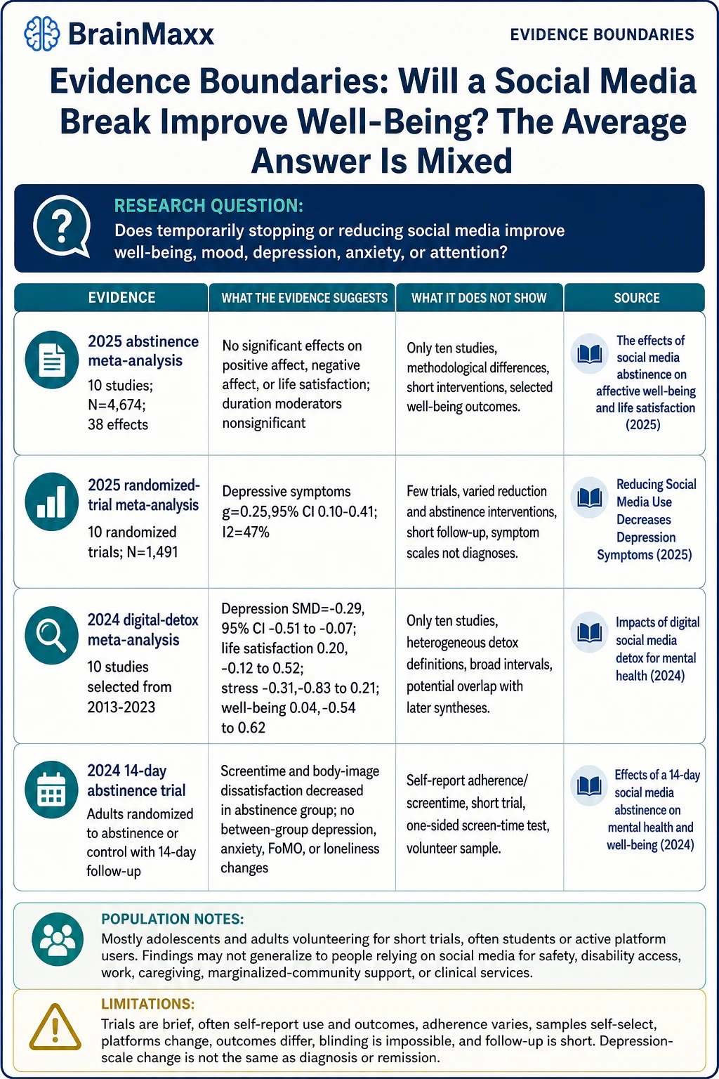 Will a Social Media Break Improve Well-Being? The Average Answer Is Mixed technical infographic